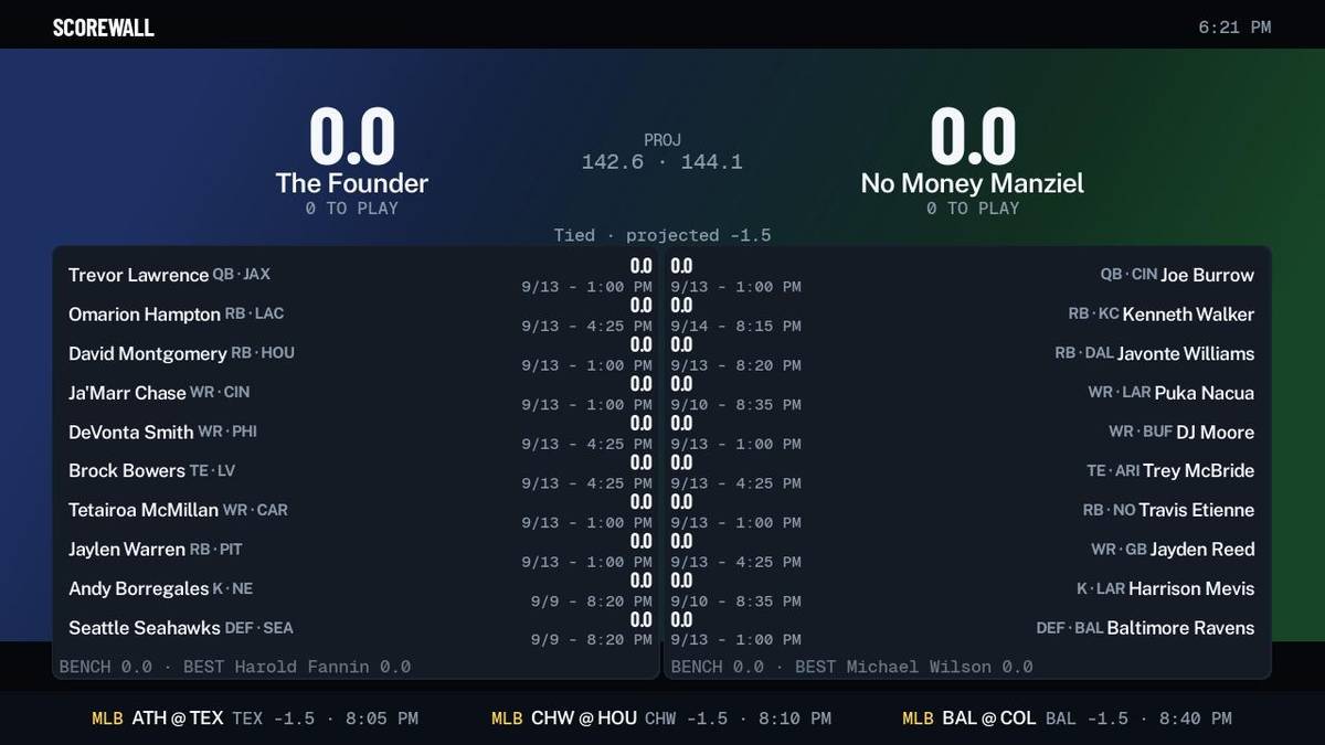 The fantasy scene: a live Sleeper matchup with both team totals and every starter's points