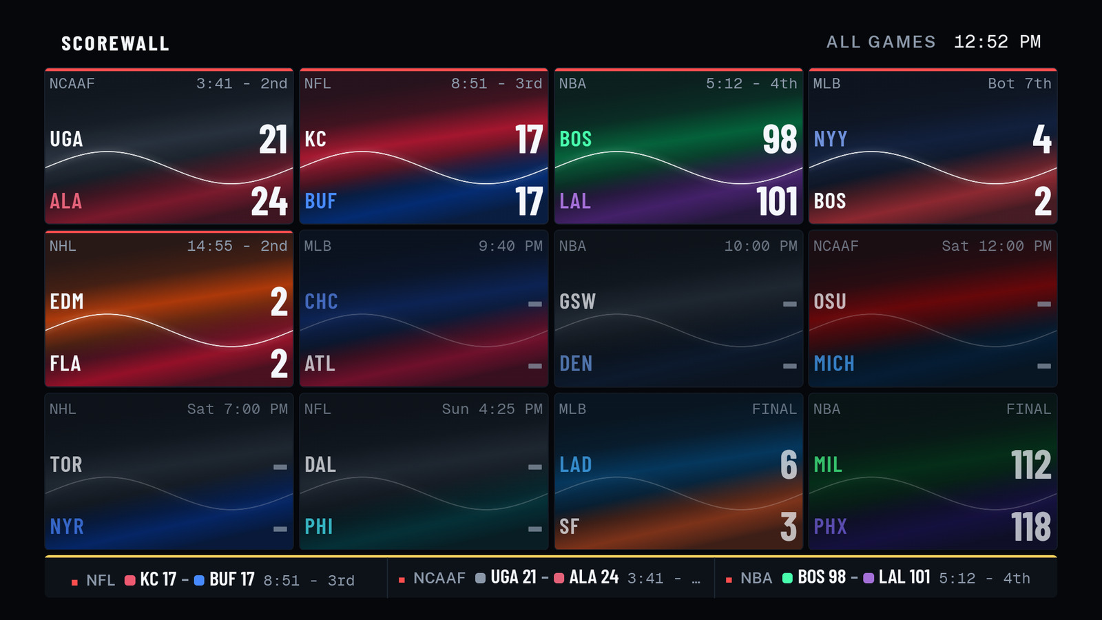 Scorewall live sports dashboard showing real-time scores and fantasy matchups on a wall-mounted TV